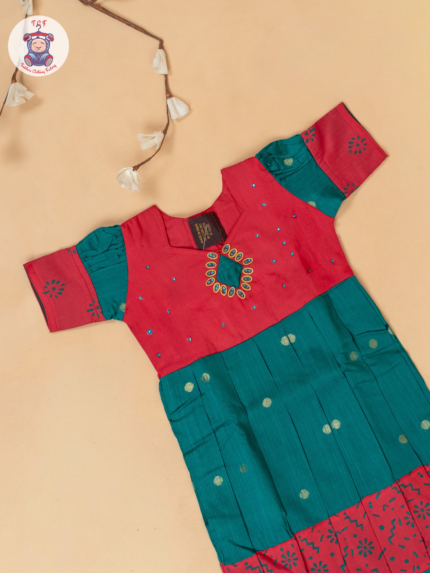 Red & Bottle Green - Girls Readymade Cotton Long Frock