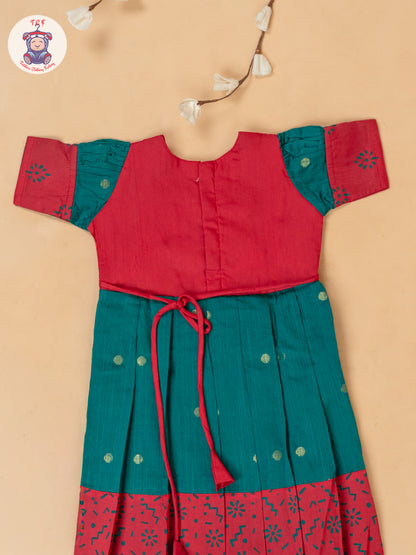 Red & Bottle Green - Girls Readymade Cotton Long Frock