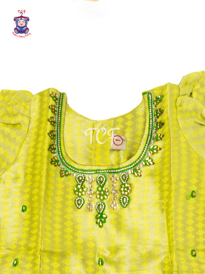 Lime Green & Green Embroidered Girls Readymade Pavadai Sattai