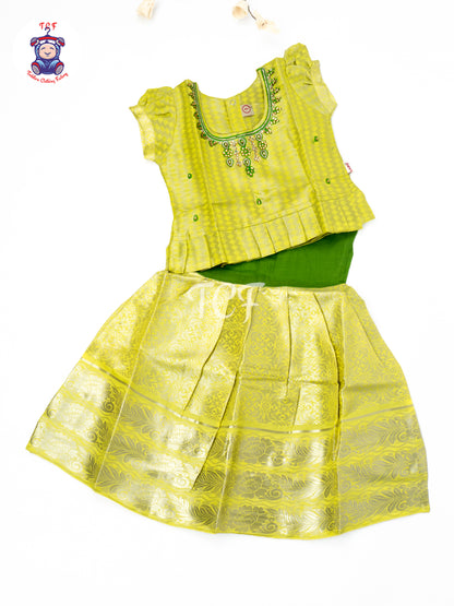 Lime Green & Green Embroidered Girls Readymade Pavadai Sattai