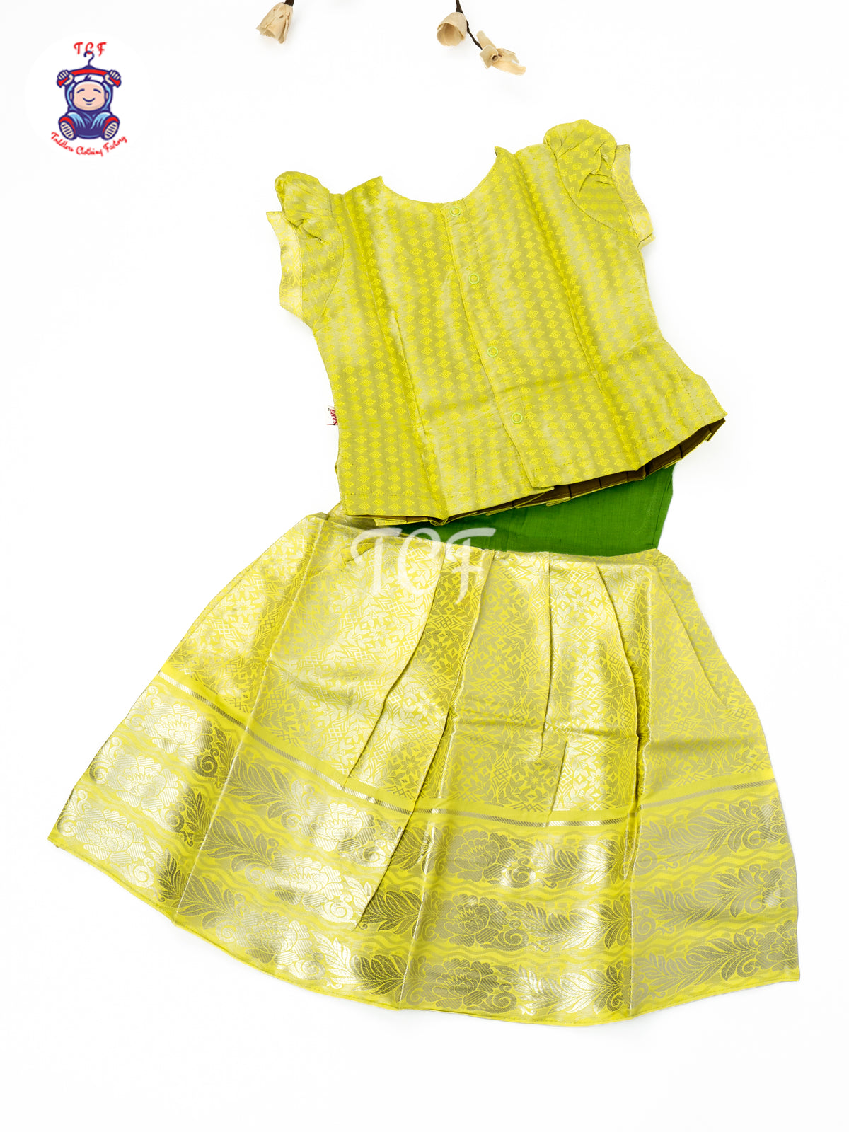 Lime Green & Green Embroidered Girls Readymade Pavadai Sattai