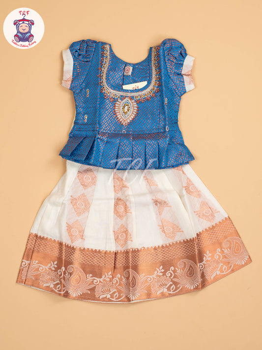 Blue & Half White Kerala Cotton - Pavadai Sattai