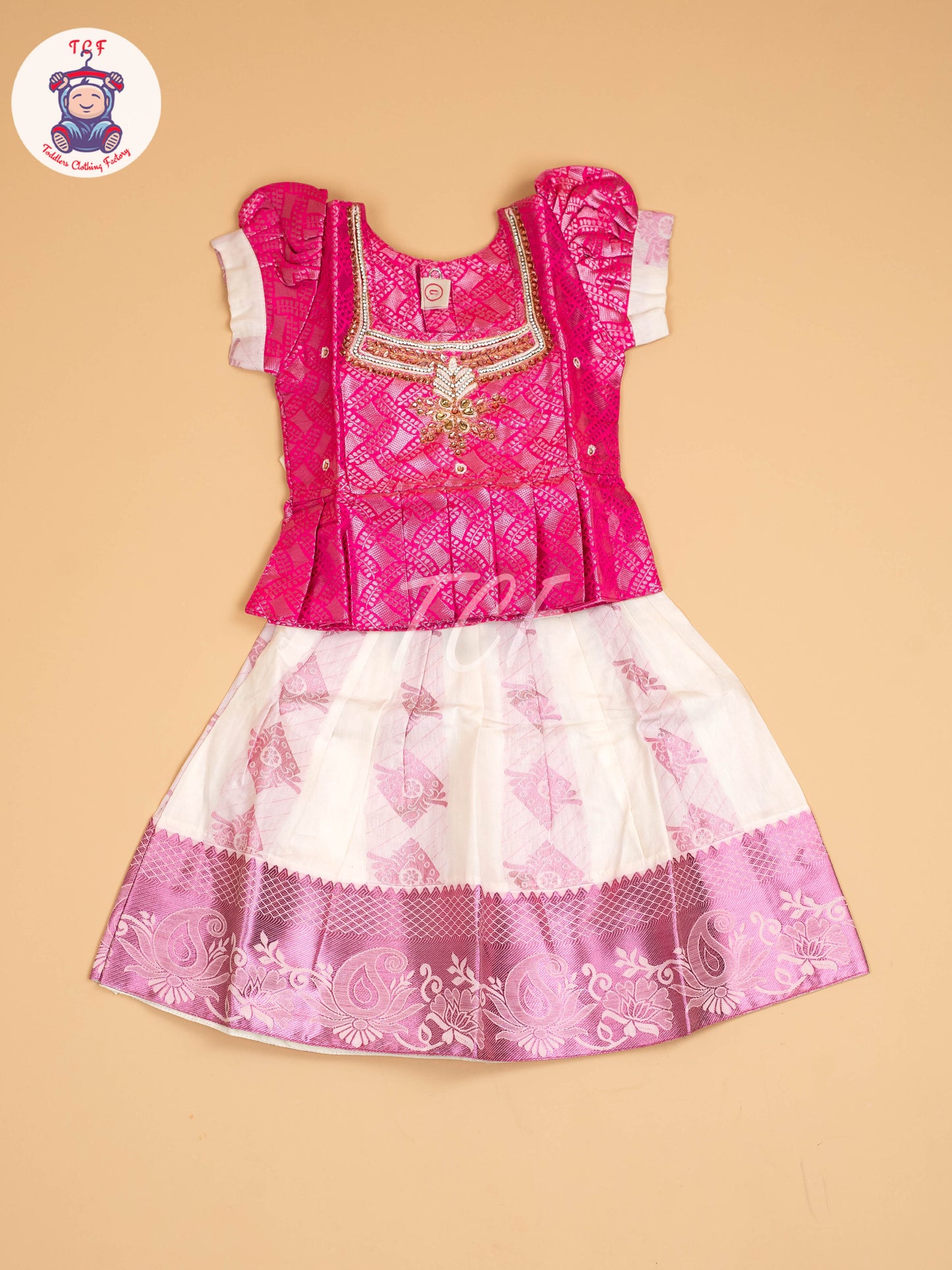 Pink & Half White Kerala Cotton - Pavadai Sattai