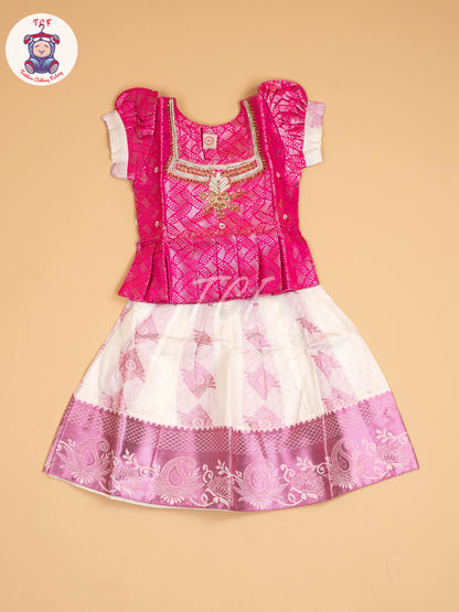 Pink & Half White Kerala Cotton - Pavadai Sattai