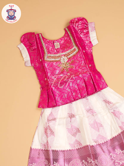 Pink & Half White Kerala Cotton - Pavadai Sattai