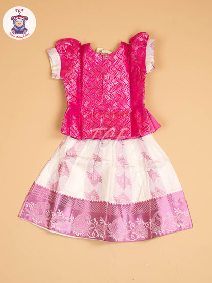 Pink & Half White Kerala Cotton - Pavadai Sattai