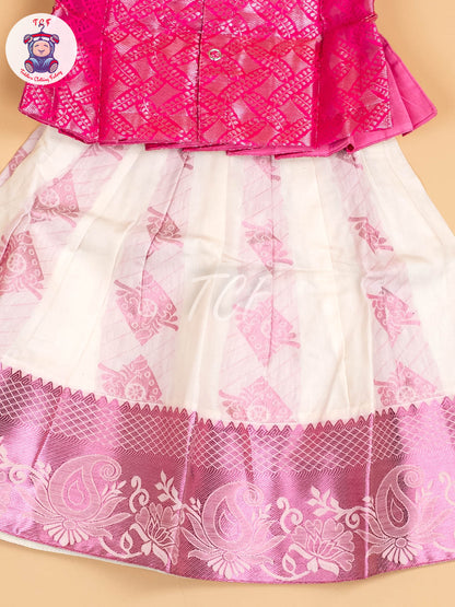Pink & Half White Kerala Cotton - Pavadai Sattai