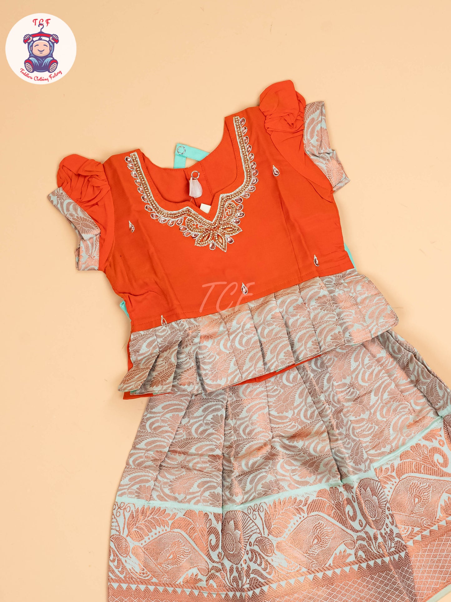 Orange & Teal Green - Pavadai Sattai