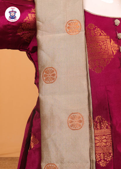 Rich Maroon & Grey - Long Frock with Printed Dupatta