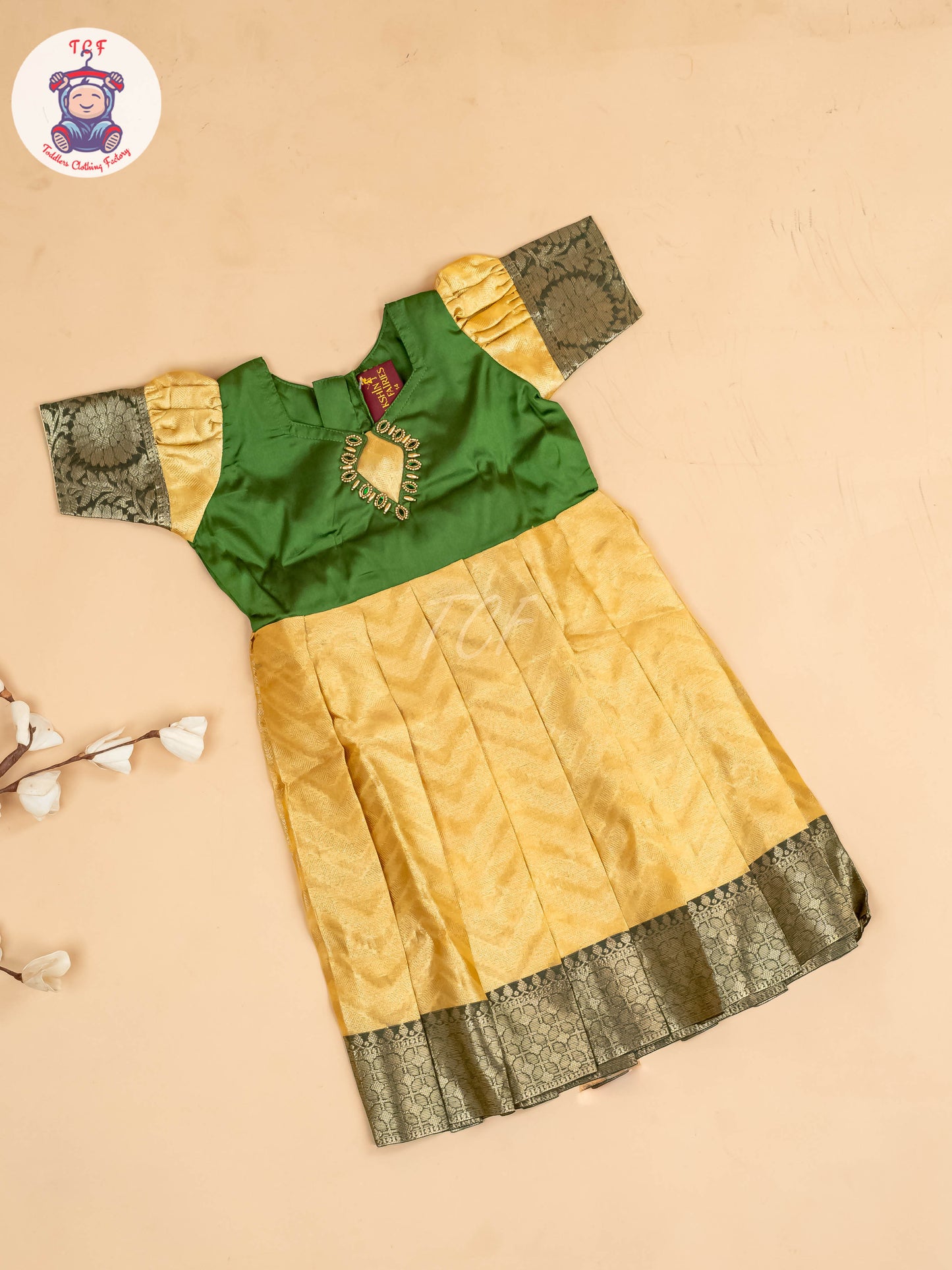 Light Green & Sandal - Girls Readymade Long Frock