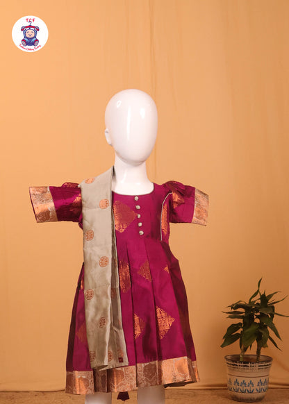 Rich Maroon & Grey - Long Frock with Printed Dupatta