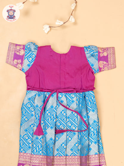 Pink & Sky Blue - Girls Readymade Long Frocks