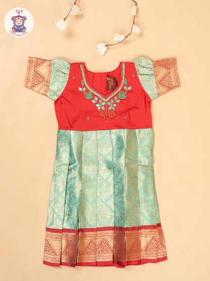 Red & Mint Green - Girls Readymade Long Frocks