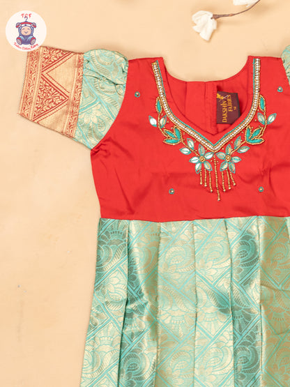 Red & Mint Green - Girls Readymade Long Frocks