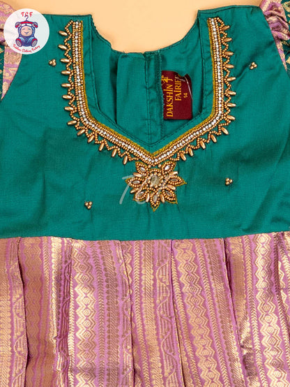 Green & Light Lavender - Girls Readymade Long Frock