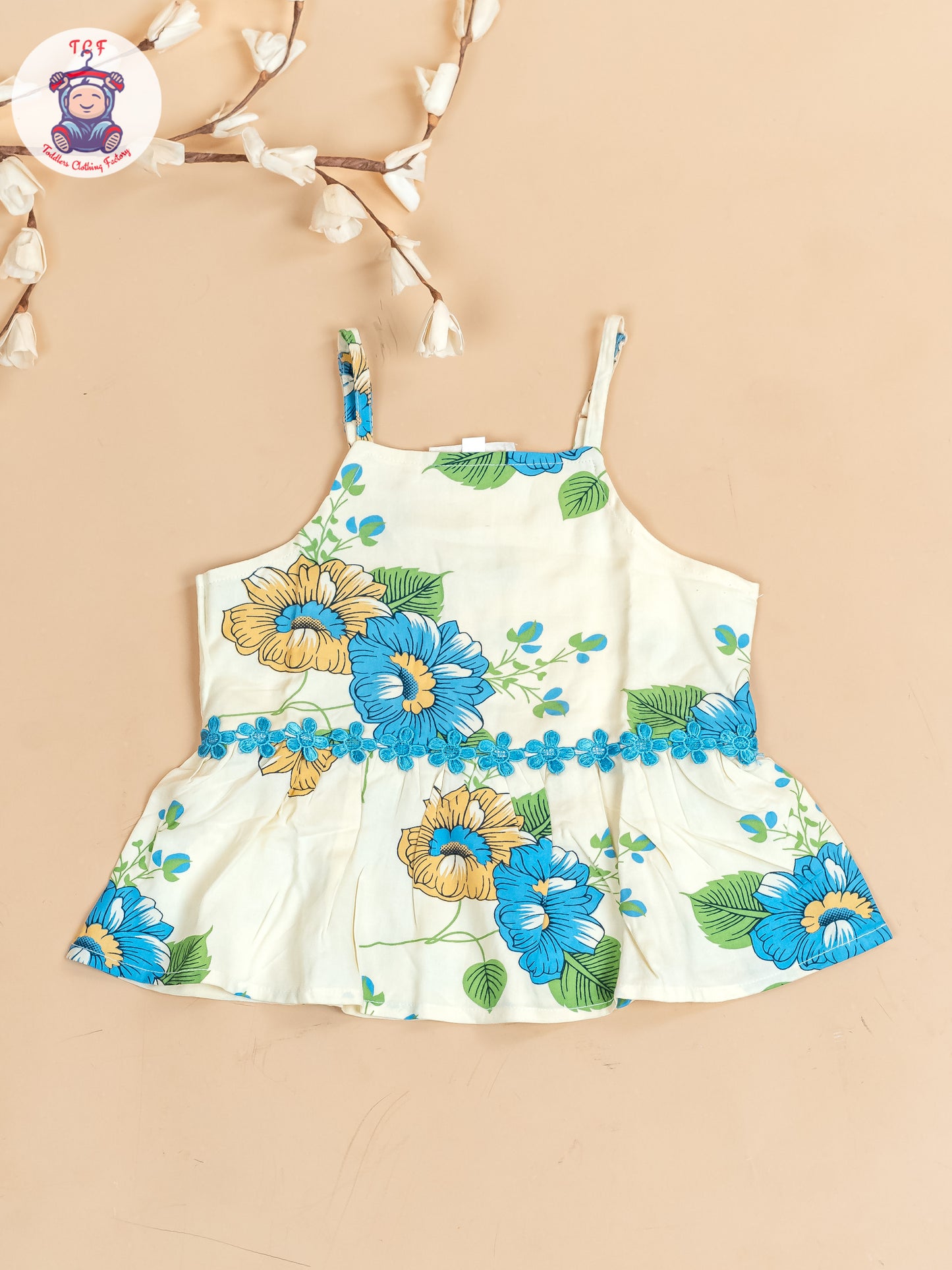 Cream & Blue - Floral Printed Flared Strappy Top & Shorts