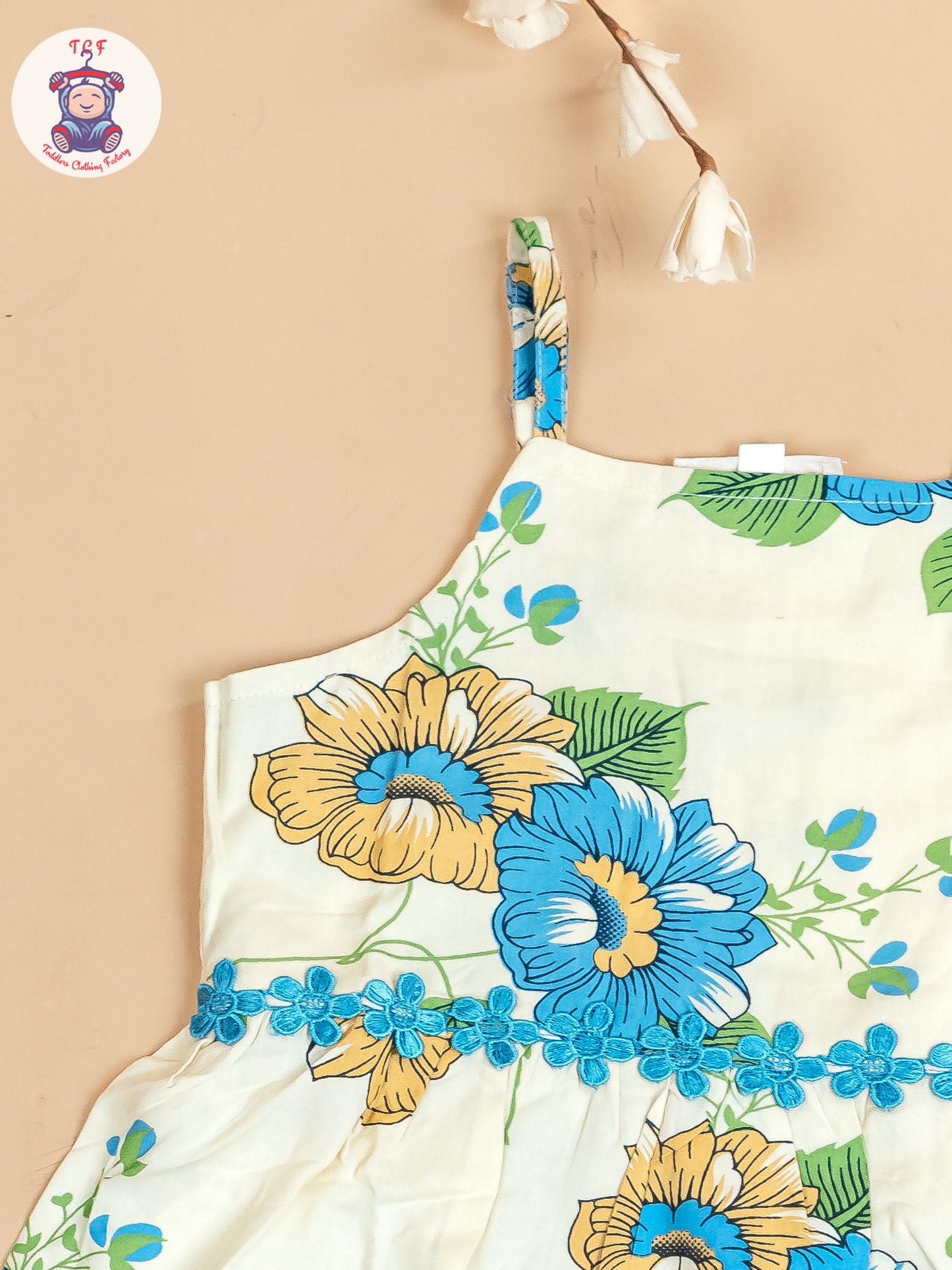 Cream & Blue - Floral Printed Flared Strappy Top & Shorts