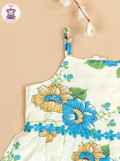 Cream & Blue - Floral Printed Flared Strappy Top & Shorts