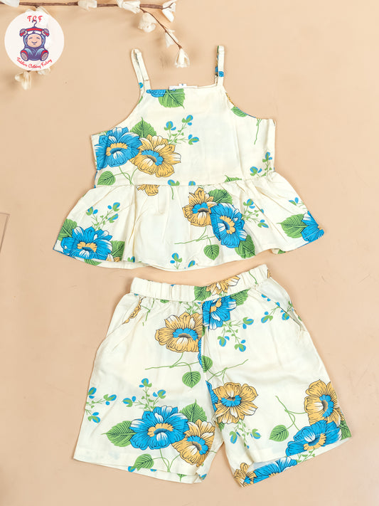 Cream & Blue - Floral Printed Flared Strappy Top & Shorts