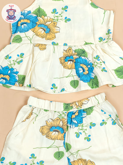 Cream & Blue - Floral Printed Flared Strappy Top & Shorts