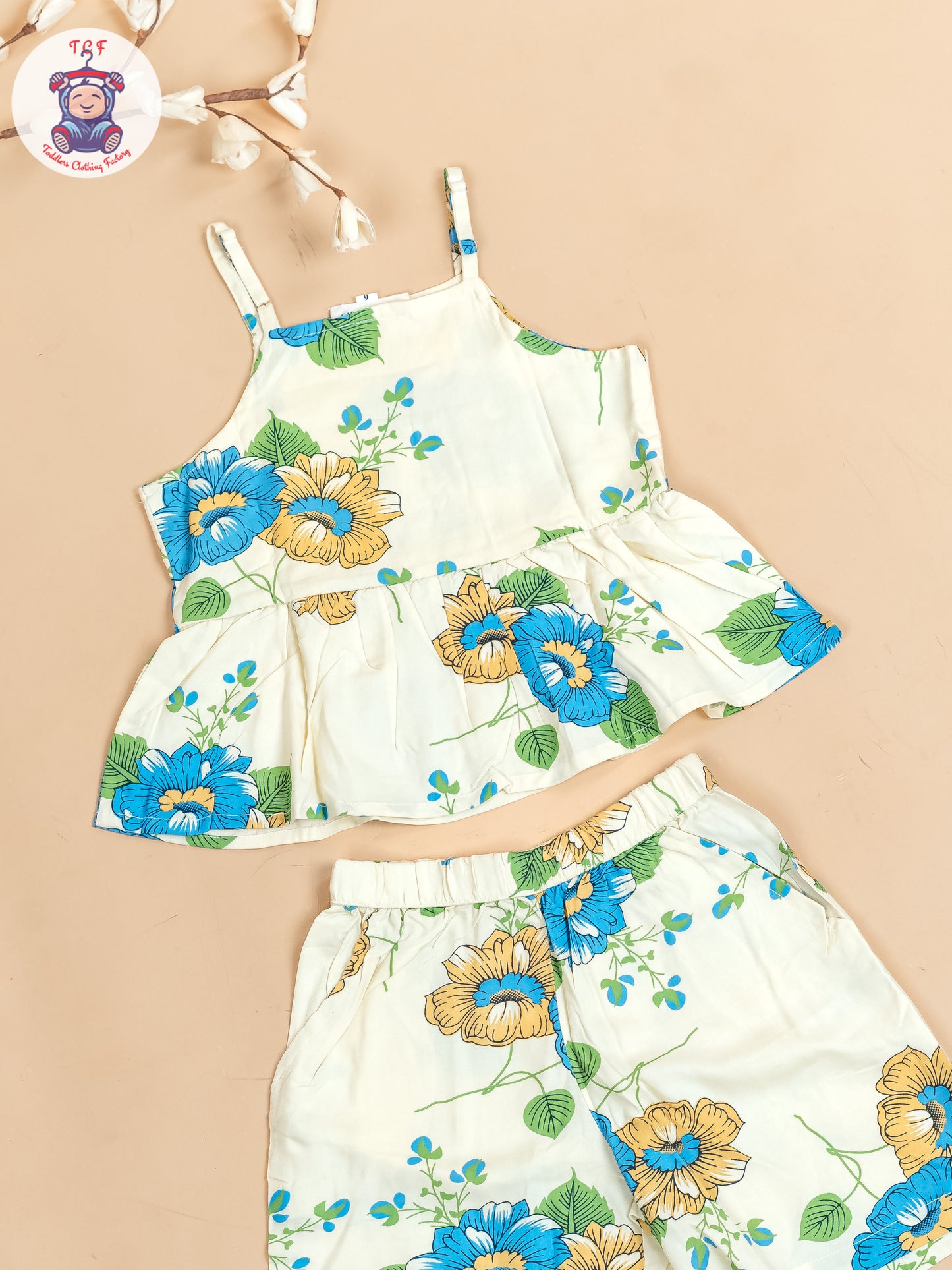 Cream & Blue - Floral Printed Flared Strappy Top & Shorts