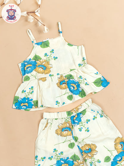 Cream & Blue - Floral Printed Flared Strappy Top & Shorts