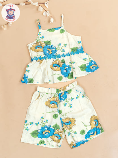 Cream & Blue - Floral Printed Flared Strappy Top & Shorts