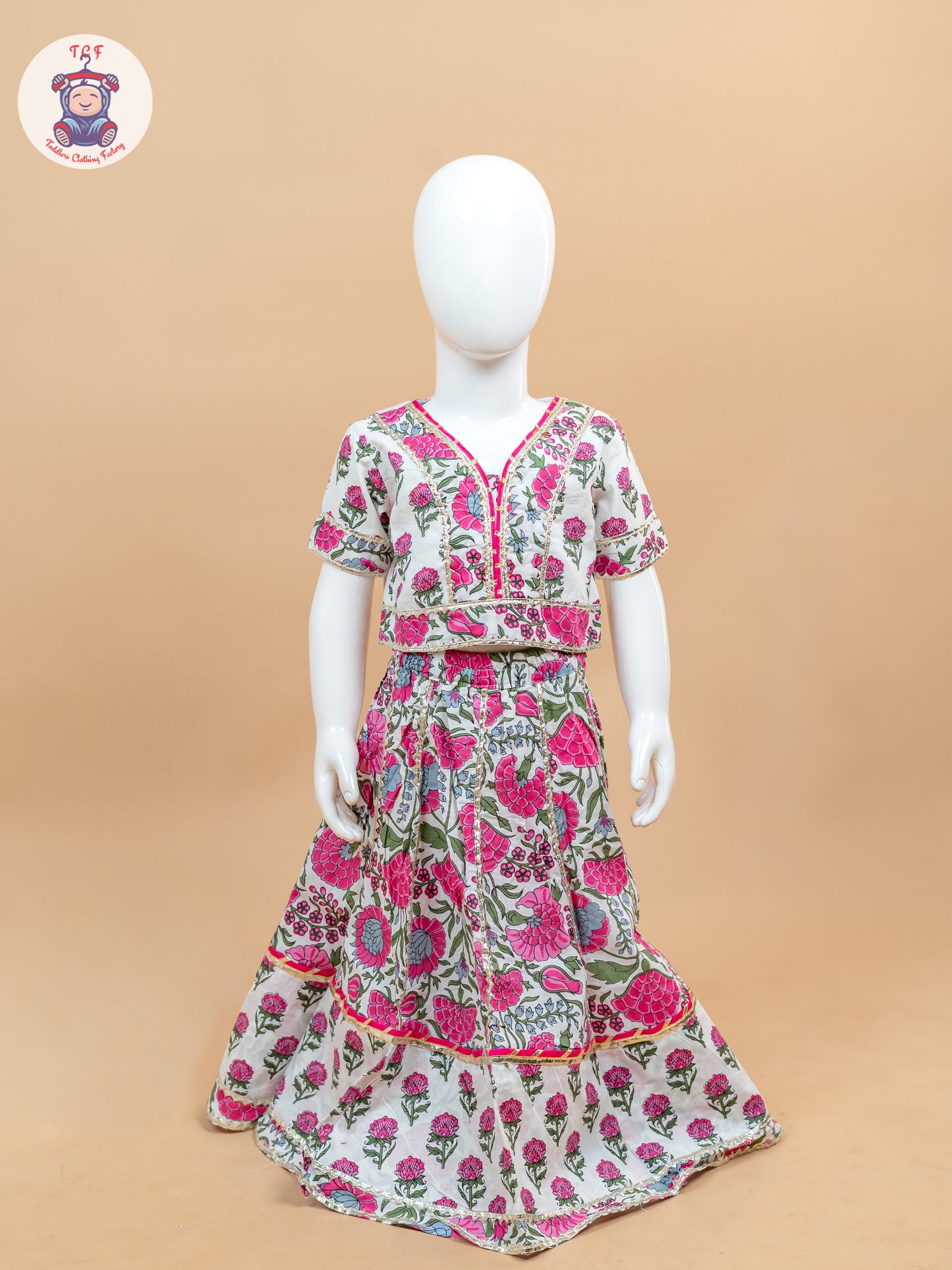 Pink & White - Floral Printed Girls Lehenga Choli
