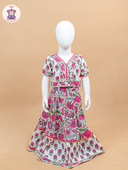 Pink & White - Floral Printed Girls Lehenga Choli