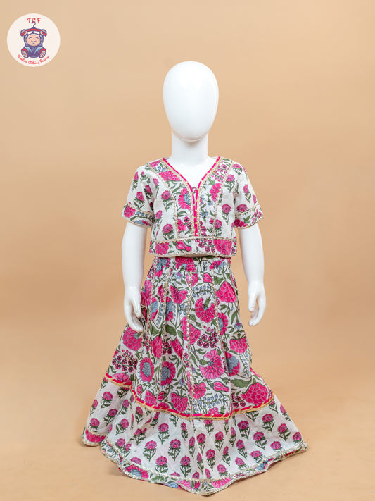 Pink & White - Floral Printed Girls Lehenga Choli