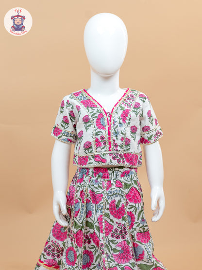 Pink & White - Floral Printed Girls Lehenga Choli