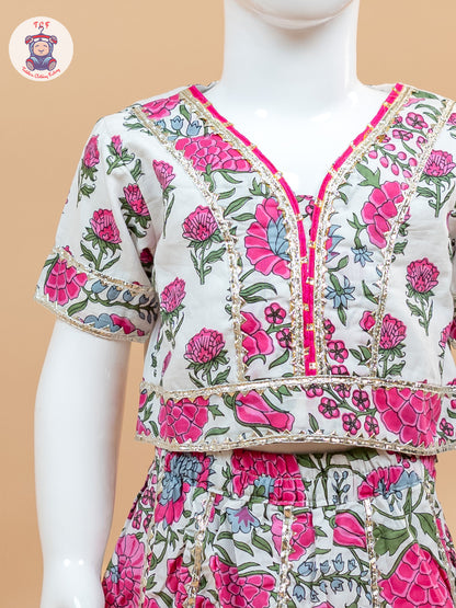 Pink & White - Floral Printed Girls Lehenga Choli