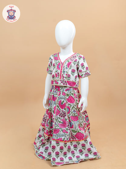 Pink & White - Floral Printed Girls Lehenga Choli
