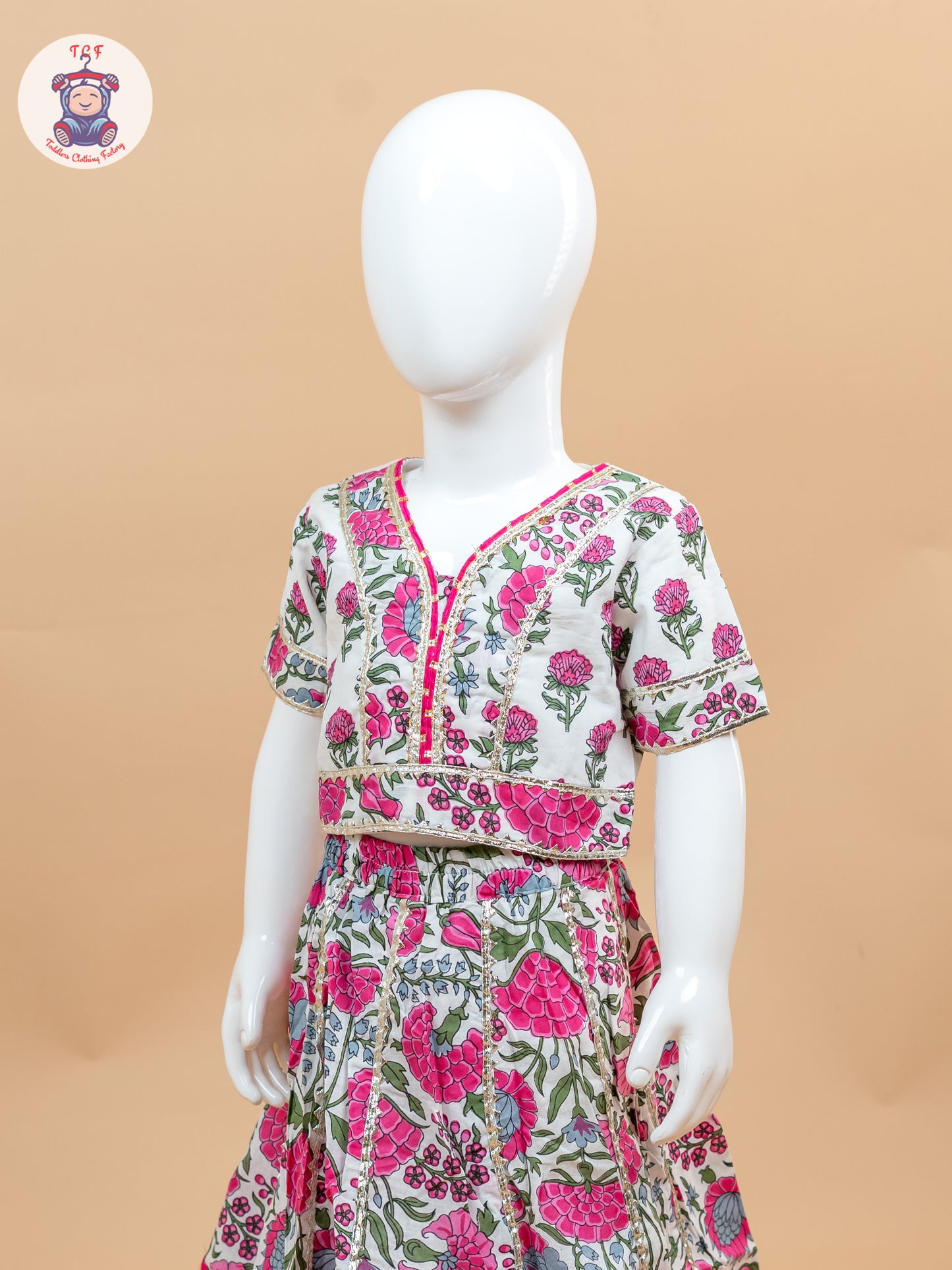 Pink & White - Floral Printed Girls Lehenga Choli