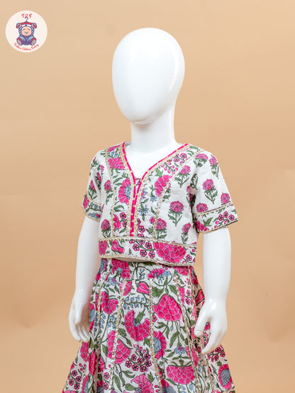 Pink & White - Floral Printed Girls Lehenga Choli