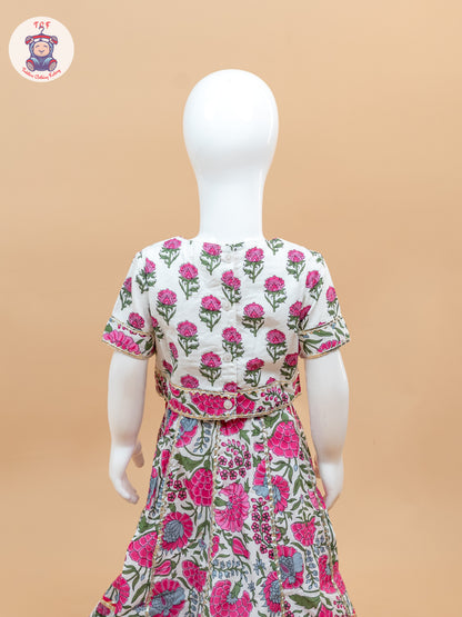 Pink & White - Floral Printed Girls Lehenga Choli