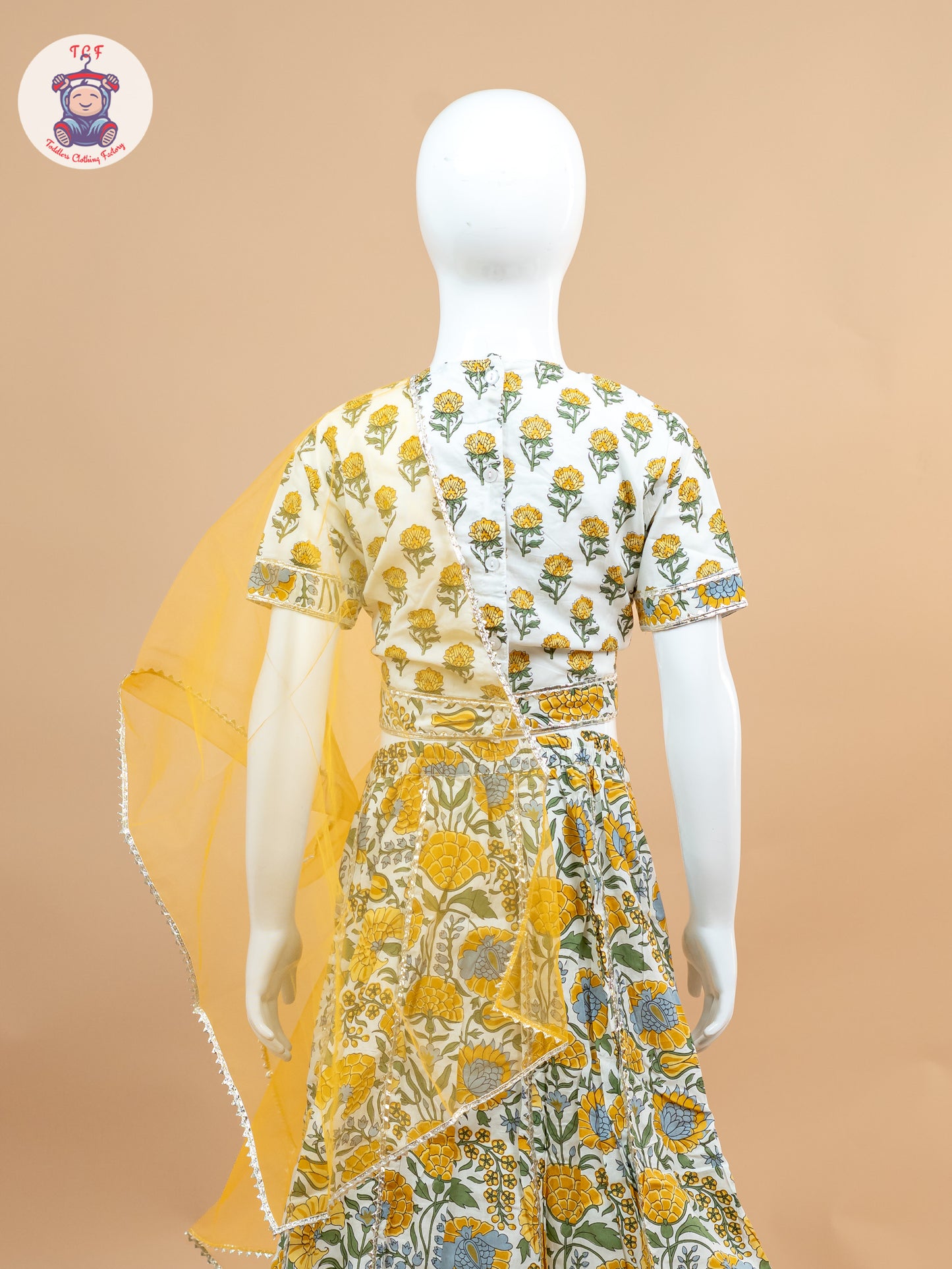 Yellow & White - Floral Printed Girls Lehenga Choli