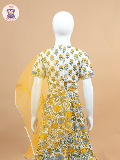 Yellow & White - Floral Printed Girls Lehenga Choli