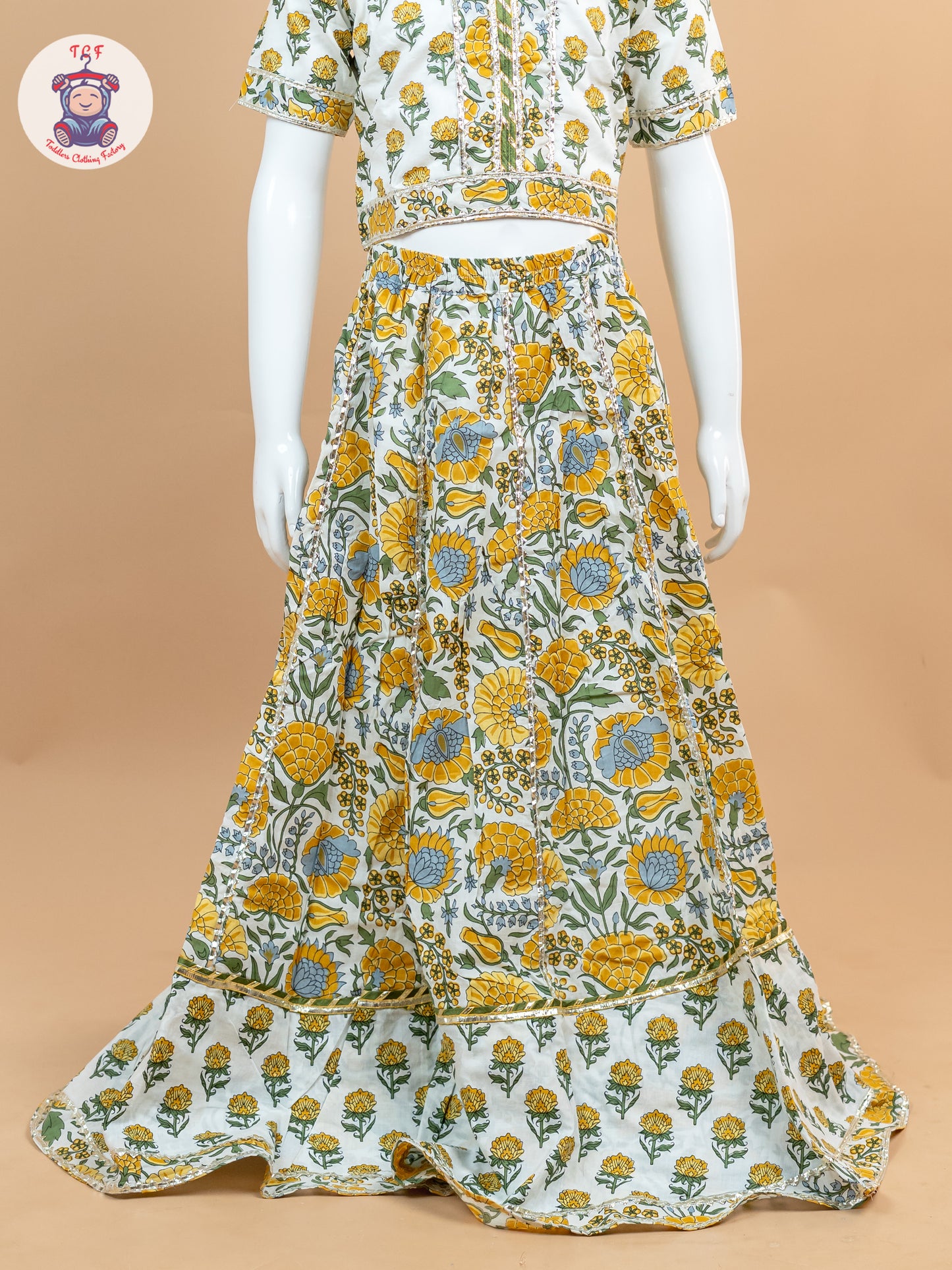 Yellow & White - Floral Printed Girls Lehenga Choli