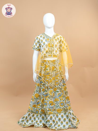 Yellow & White - Floral Printed Girls Lehenga Choli
