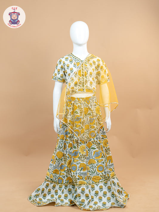 Yellow & White - Floral Printed Girls Lehenga Choli