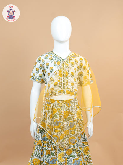Yellow & White - Floral Printed Girls Lehenga Choli