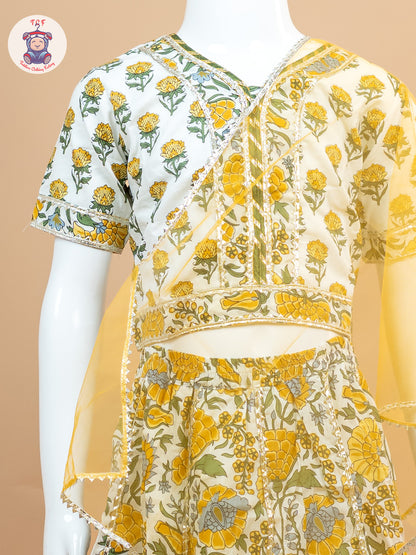 Yellow & White - Floral Printed Girls Lehenga Choli