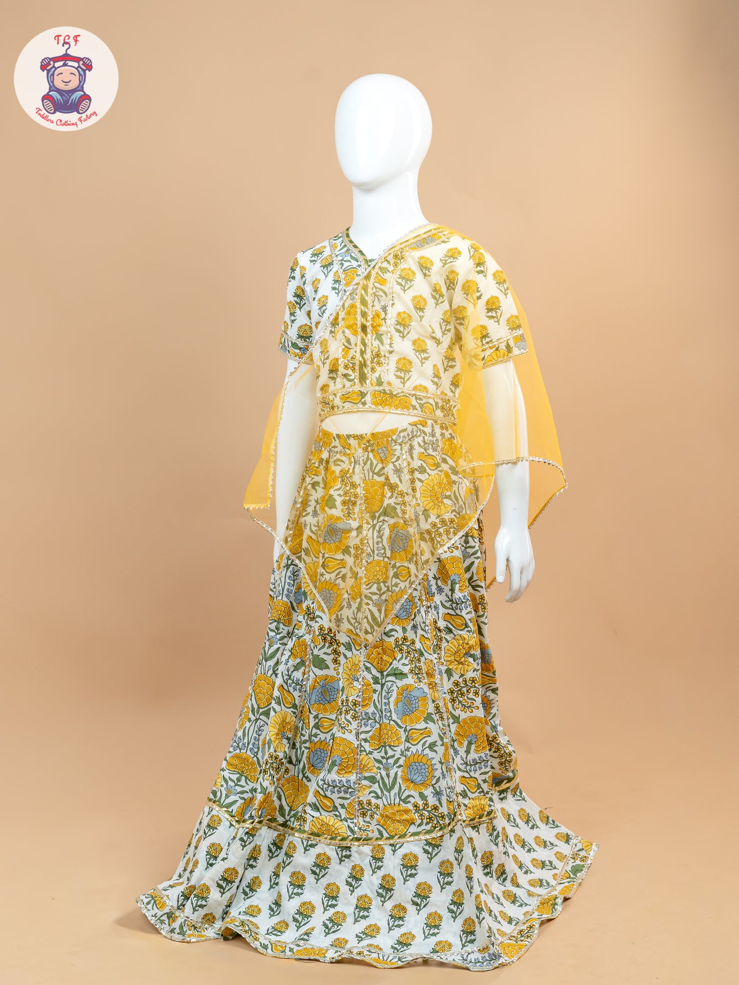 Yellow & White - Floral Printed Girls Lehenga Choli