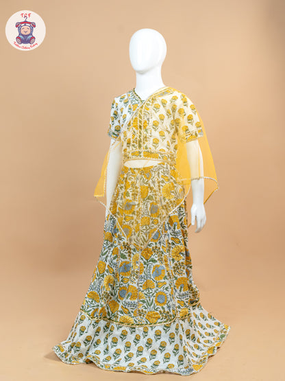 Yellow & White - Floral Printed Girls Lehenga Choli