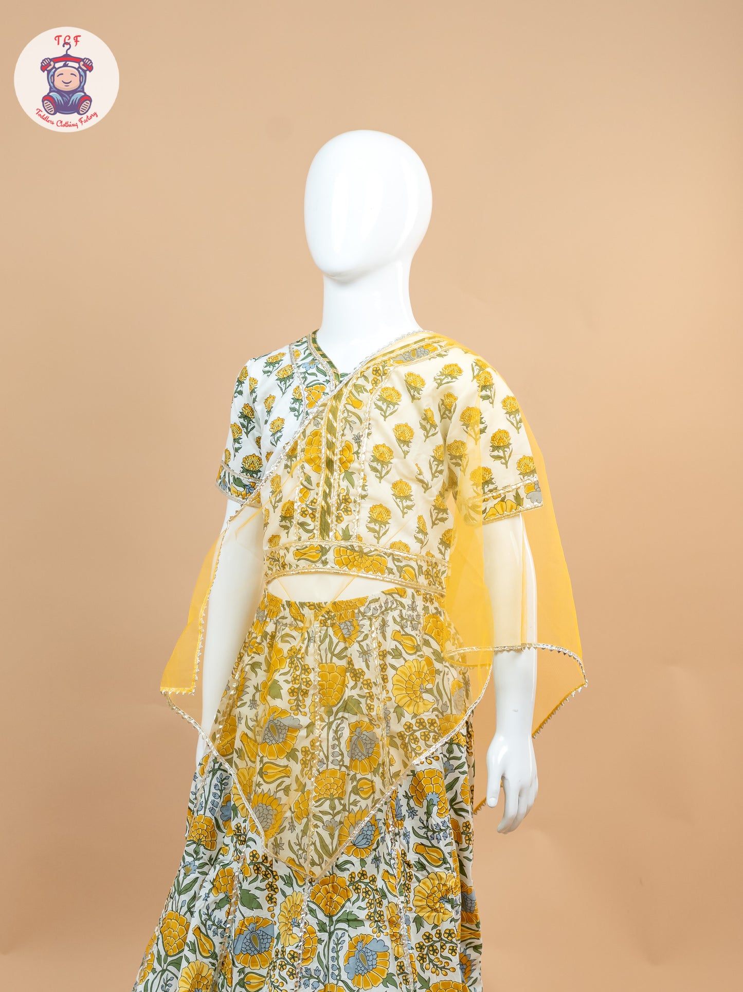 Yellow & White - Floral Printed Girls Lehenga Choli