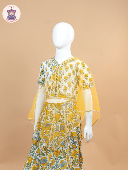 Yellow & White - Floral Printed Girls Lehenga Choli