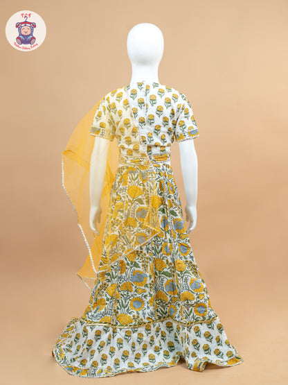 Yellow & White - Floral Printed Girls Lehenga Choli