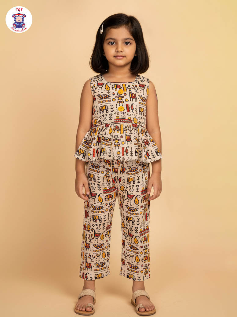 Cream - Girls Readymade Printed Kalamakari Sets