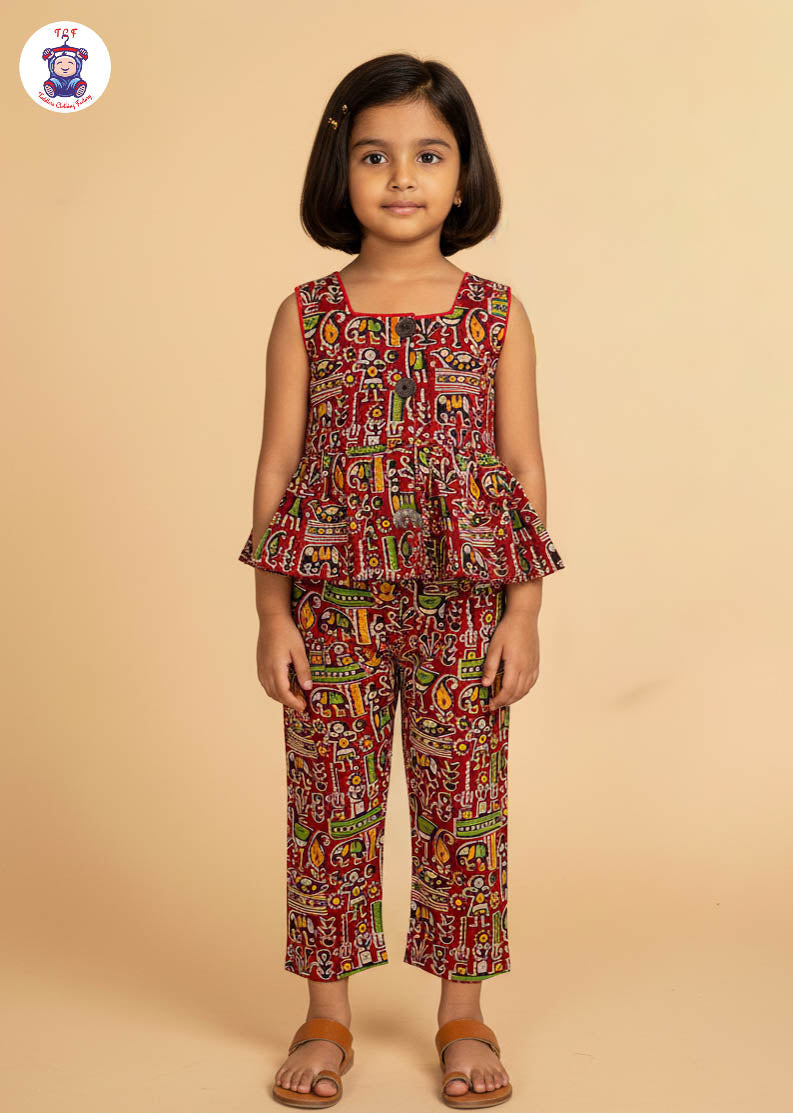 Maroon - Girls Readymade Printed Kalamakari Sets